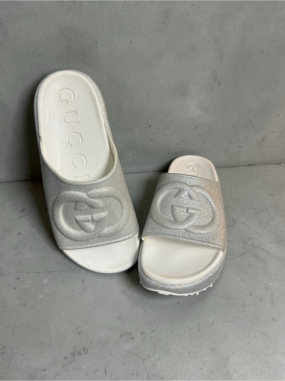 Gucci Silver Glitter GG Slide Sandals
